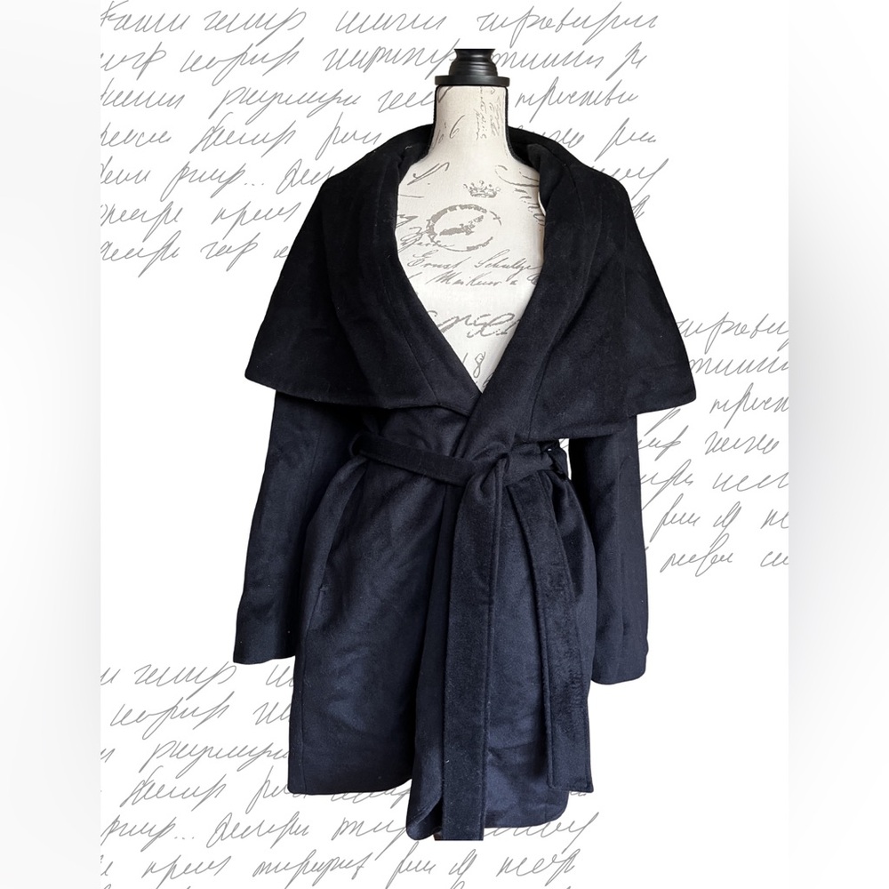 Tahari Black Wrap Trench Coat with Self Tie Belt